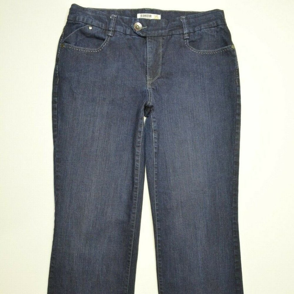 JEANSTAR Size 8 Womens STRAIGHT Leg STRETCH Dark Wash LOW RISE‎ Denim Blue Jeans - Picture 2 of 9